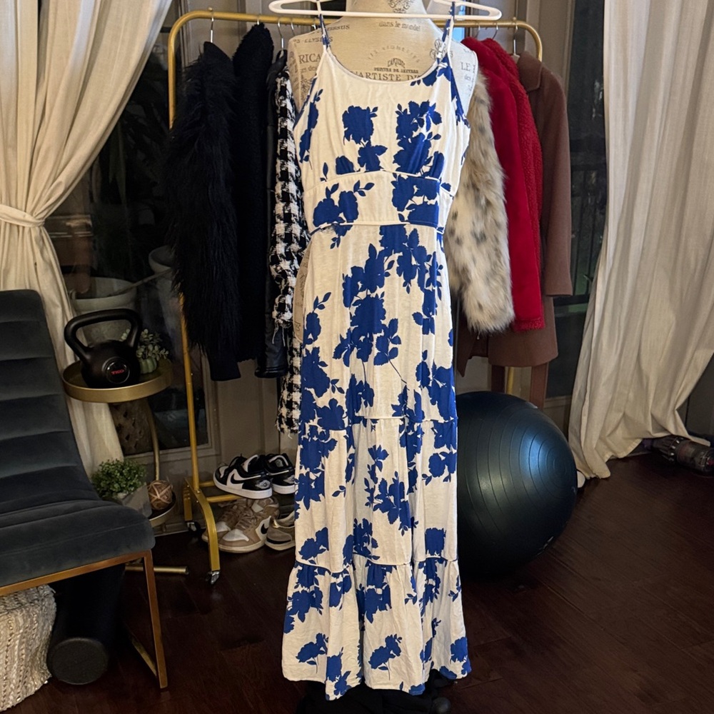 Cynthia Rowley Blue White Floral Maxi Dress w/ hand pockets adjustable straps XS - Picture 2 of 14